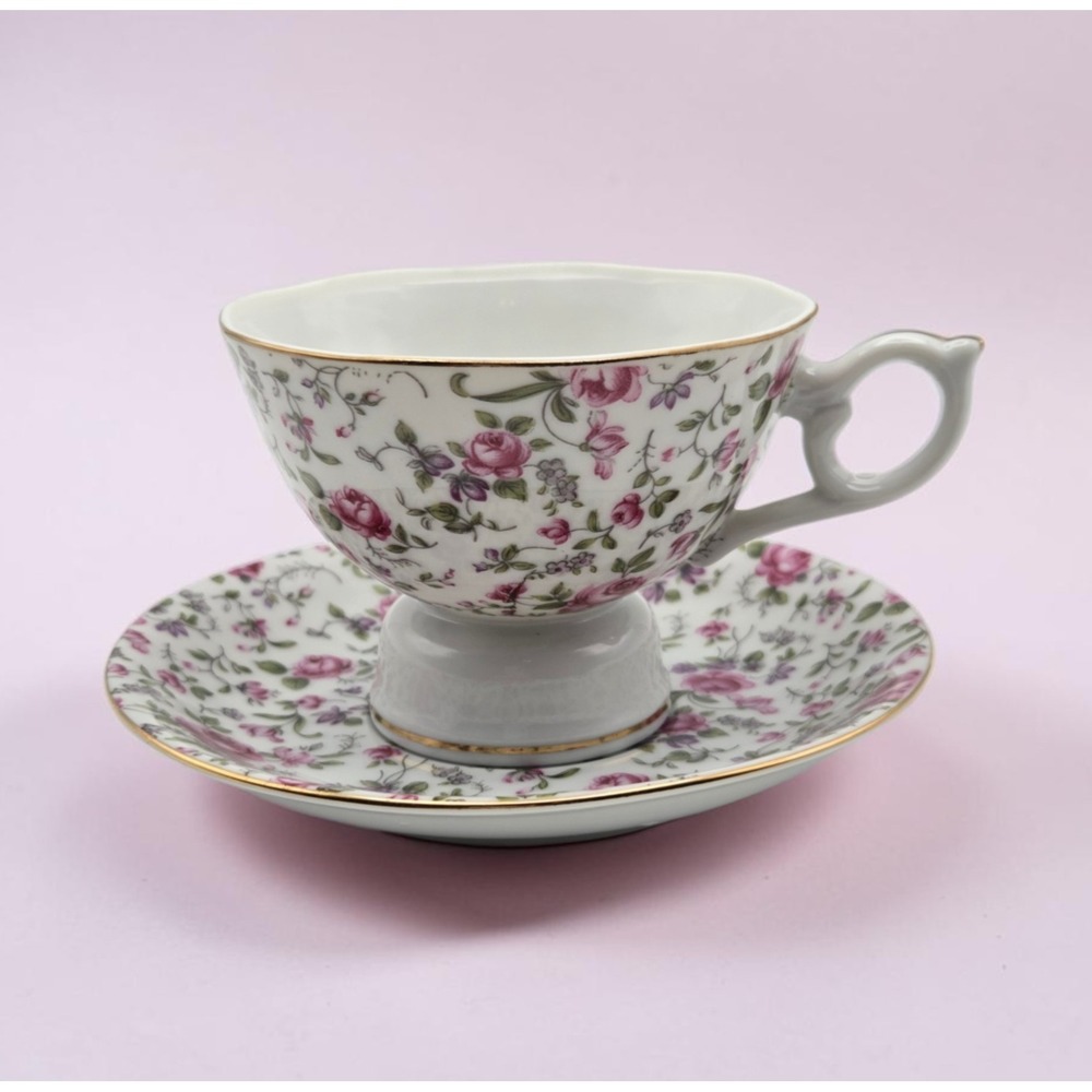 San Francisco Music Box Co. Rose Chintz Teacup & Saucer "A Spoonful Of Sugar"